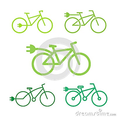 Electric bike icon set. Eco bicycle with plug collection. Flat line vector illustration Cartoon Illustration